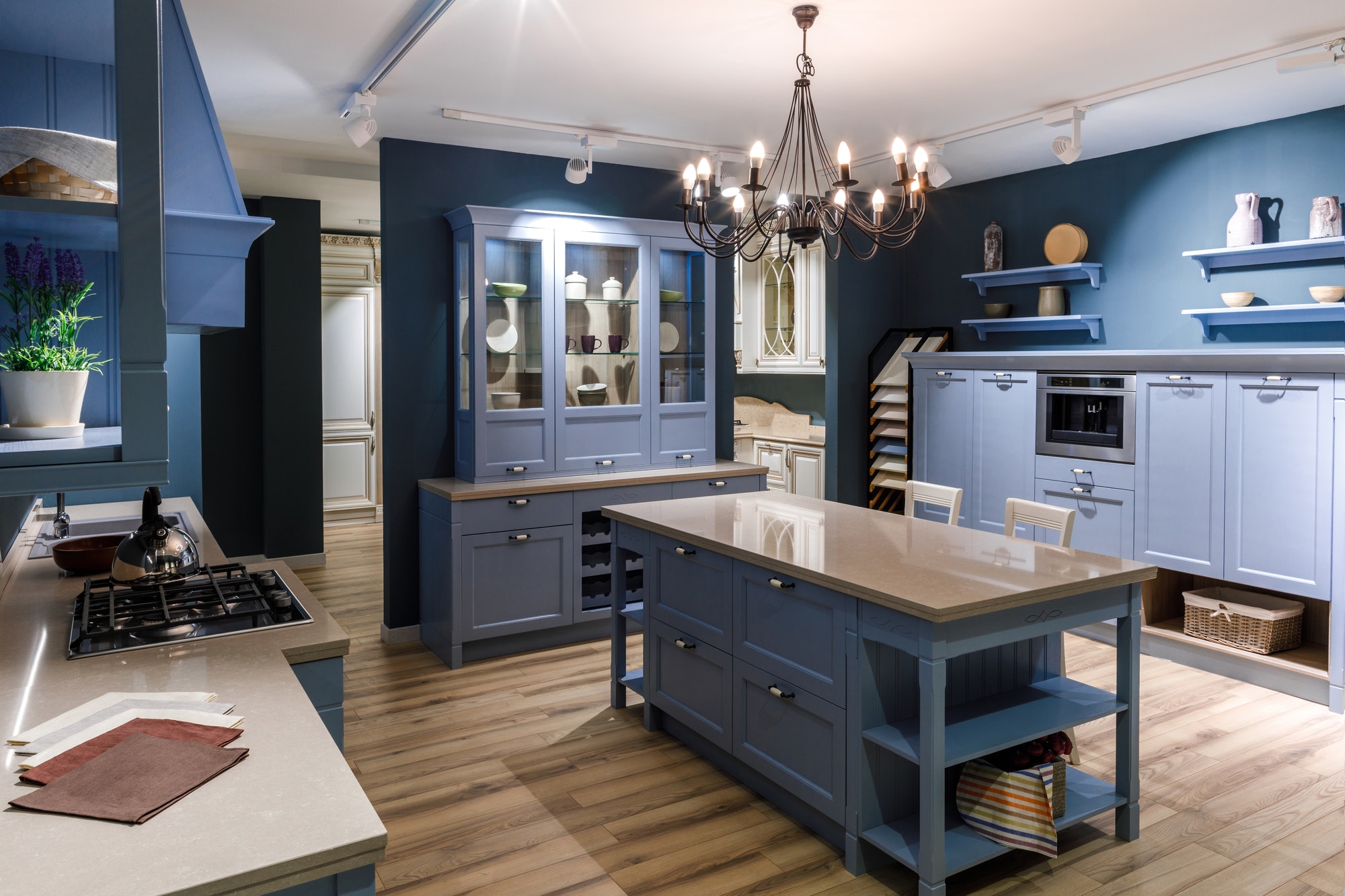Renovated kitchen interior in blue tones